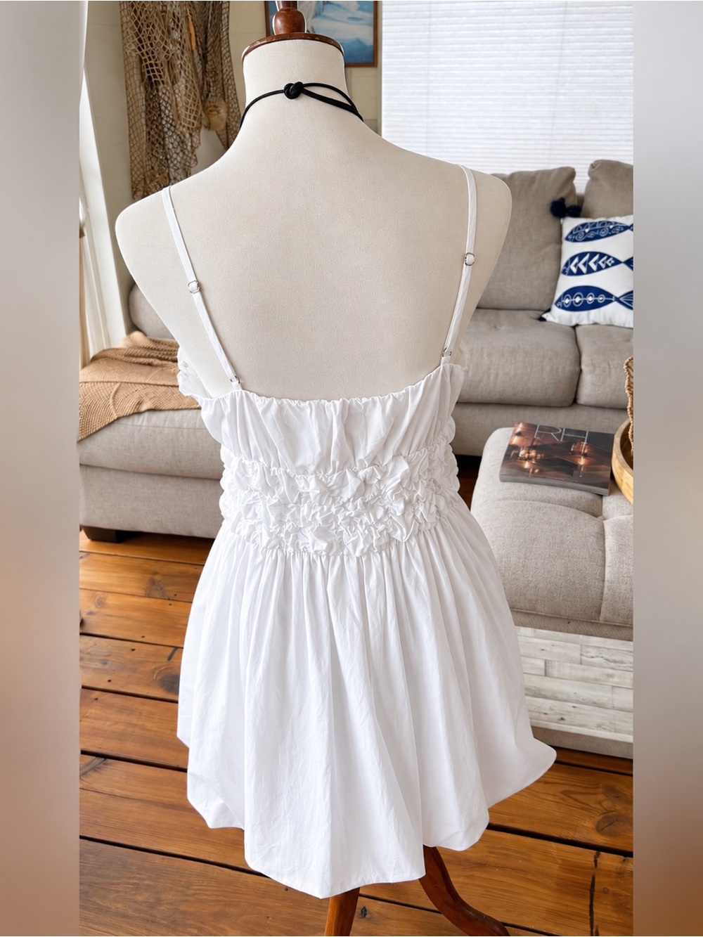 NWT PINCH White Bubble Hem Mini Dress Ruched Waist Size L - Picture 8 of 13